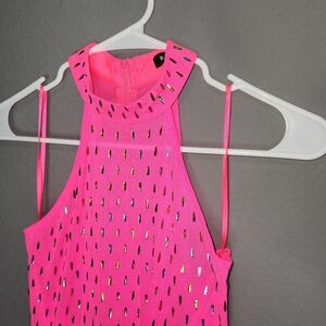 Pink long mesh dress with rhinstones